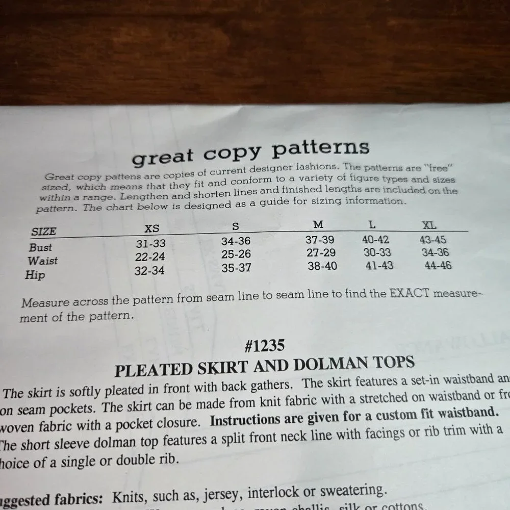 Great Copy Patterns 1235 sewing patterns Pleated Skirt, Dolman Tops UNCUT XS-XL
